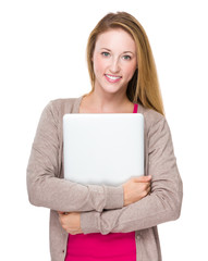 Caucasian woman hold with notebook computer