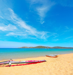 Fototapeta na wymiar windsurf boards in Porto Pollo beach