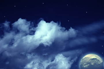 Naklejka na ściany i meble Planets, moon and stars in cloudy sky