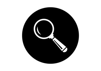 Black and white magnifier icon on white background