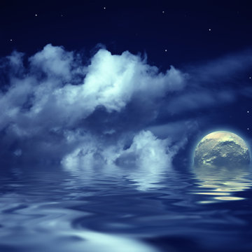 moon and stars in the cloudy sky reflected in water