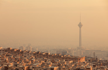 Sunset Light on Skyline of Air Polluted Tehran