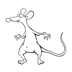 Cartoon black and white rat standing with outstretched fingers and looking somewhere with interest and caution. Maybe she is afraid of something? Or wants to steal something? Vector gtaphics.

