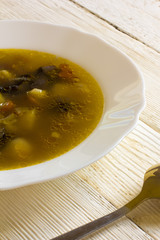 of mushroom soup/ of mushroom soup in a plate closeup on white boards