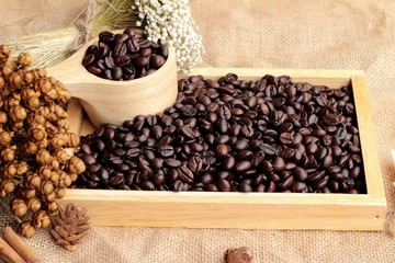 Roasted coffee beans on sack brown background.