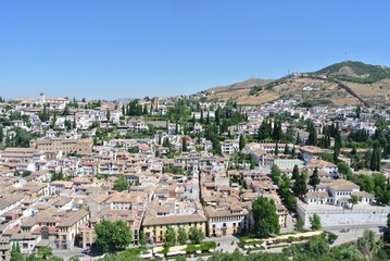 Panoramic view on the Andalusian city of Granada from the top of Alhambra complex, on a sunny summer day.