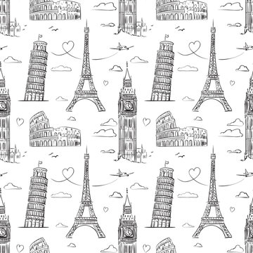 Hand drawn seamless pattern with sights of Europe. 