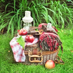 Foto auf Alu-Dibond Picnic basket with vintage objects, outdoors selective focus © malinkaphoto