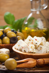 Cubed feta cheese with olives