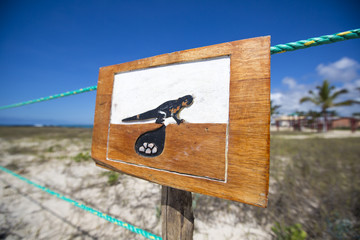 Wooden sign protecting a closed nesting area, Galapagos