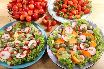 Salads and fruits.