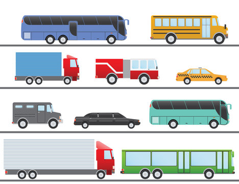 Flat design vector illustration city Transportation Flat Icons. Trucks, Bus, taxi, limo, fire truck, and school bus