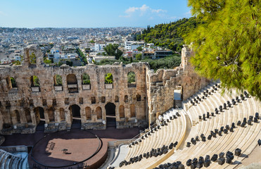 Panorama of Athens City in Greece and antique theater