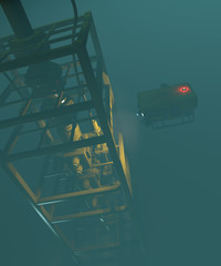 High quality 3D rendering of an ROV inspecting underwater oil and gas equipment. Fictitious ROV is a unique design. Murky water to emphasize depth, and blurred image for dramatic effect
