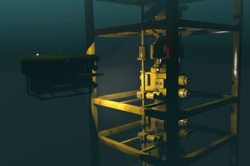 High quality 3D rendering of an ROV inspecting underwater oil and gas equipment. Fictitious ROV is a unique design. Murky water to emphasize depth, and blurred image for dramatic effect