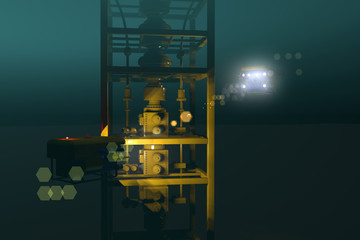 High quality 3D rendering of ROVs inspecting underwater oil and gas equipment. Fictitious ROV is a unique design. Murky water to emphasize depth, lens flare for dramatic effect.