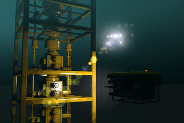 High quality 3D rendering of ROVs inspecting underwater oil and gas equipment. Fictitious ROV is a unique design. Murky water to emphasize depth, lens flare for dramatic effect.