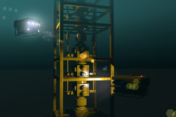 High quality 3D rendering of ROVs inspecting underwater oil and gas equipment. Fictitious ROV is a unique design. Murky water to emphasize depth, lens flare for dramatic effect.