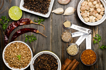 Herbs and spices (chili,garlic,cardamom,cinnamon,coriander seed,lime,black pepper etc.)