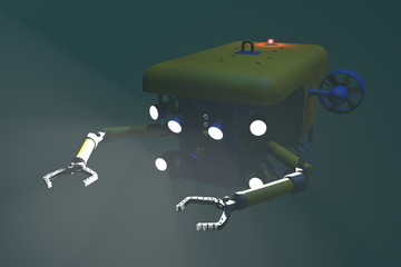 High quality 3D rendering of an ROV submersible deploying mechanical arms. Fictitious ROV is a unique design, created and modeled entirely by myself. Murky water to emphasize depth.