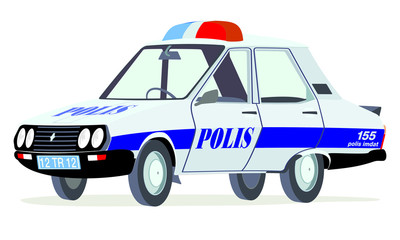 Caricatura Dacia 1310 sedan policia rumana blanco y negro vista frontal y lateral