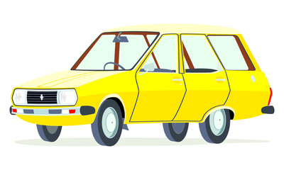 Caricatura Renault 12 Break amarilla vista frontal y lateral