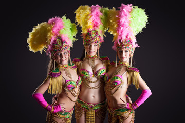 Image of pretty carnival dancers posing at camera