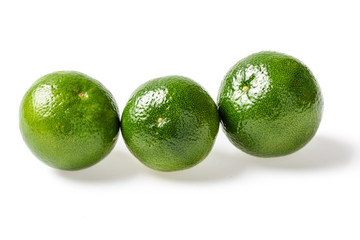 small green limes on white, tilt shift lens