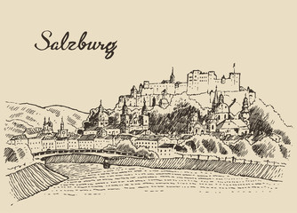 Salzburg skyline Austria vintage hand drawn sketch - obrazy, fototapety, plakaty