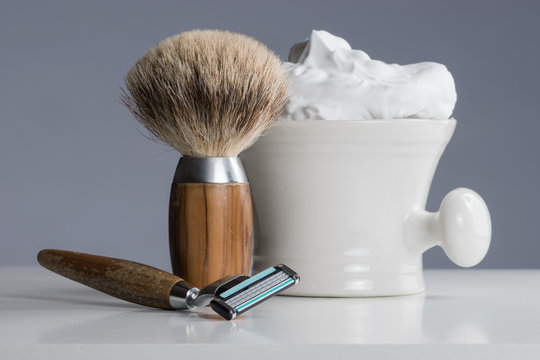 vintage Shaving Equipment on white Table and bright Background