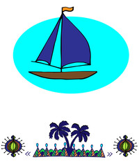 Fototapeta na wymiar ship in the sea and palm trees pattern