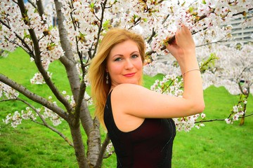 Beautiful female posing in the sakura garden