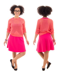 front and back view of african american teenage girl in pink pos