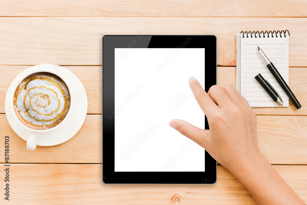 Poster closeup hand using tablet white screen display
