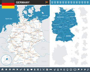 Germany infographic map and flag - highly detailed vector illustration. Image contains land contours, country and land names, city names, water objects, flag, navigation icons.
- roads
- railways