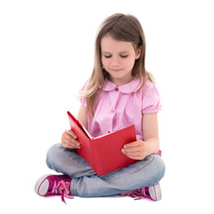 education concept - cute little girl with book isolated on white