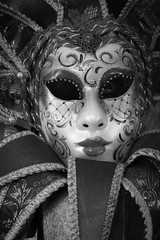 red carnival mask, black and white image