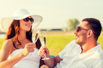 smiling couple drinking champagne on picnic