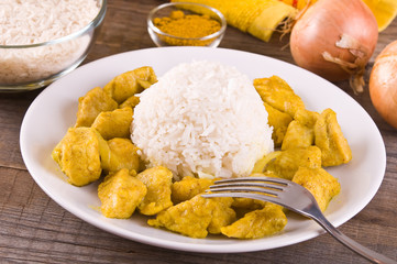 Chicken curry with rice Caribbean. 