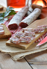 Spanish fuet salami on a cutting board