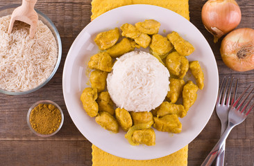 Chicken curry with rice Caribbean. 