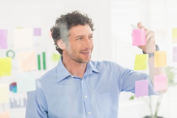 Puzzled businessman looking post its on the wall
