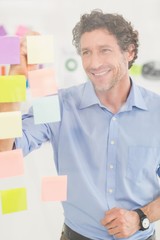 Puzzled businessman looking post its on the wall
