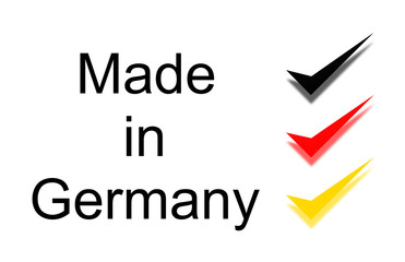 Fototapeta na wymiar Made in Germany mit Häkchen in Nationalfarben und Schatten