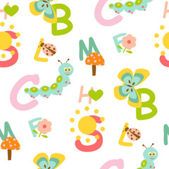 Seamless kids alphabet pattern with cute animal background