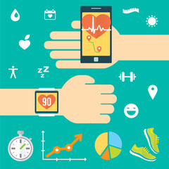 Modern technology equipment for monitoring the health. Smartphone, smartwatch. Blue background