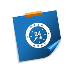 24 Hours Open Blue Sticky Notes Vector Icon Design