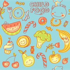 Child food, set of seamless colorful fruits, vegetables, sweets with blue background