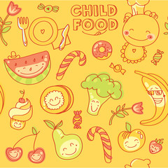 Child food, set of seamless colorful fruits, vegetables, sweets with yellow background