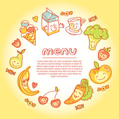 Child food, menu with colorful fruits, vegetables, sweets